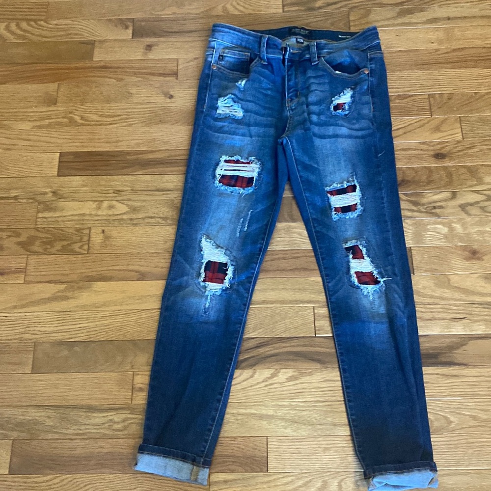 Judy Blue Distressed Skinny Jeans - Blue and Red Accents